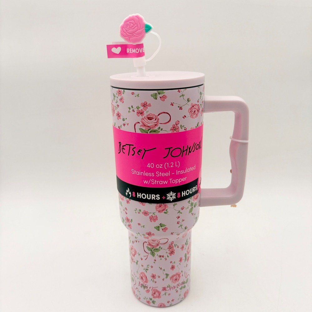Betsey Johnson 40oz Stainless Steel Insulated Tumbler Pink‎ Floral Rose w/ Charm